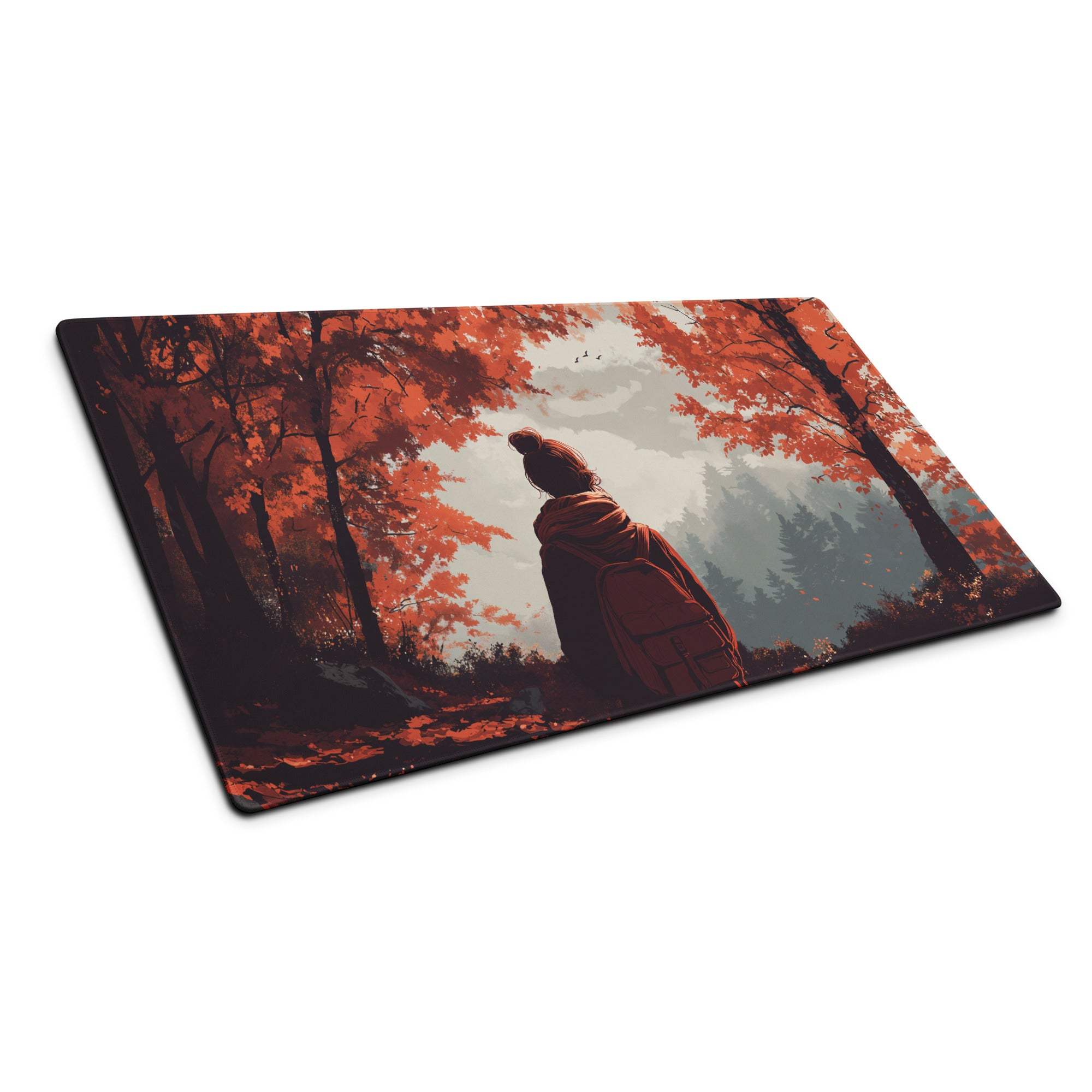 Stylized autumn forest backpacker gaming mouse pad in warm red tones