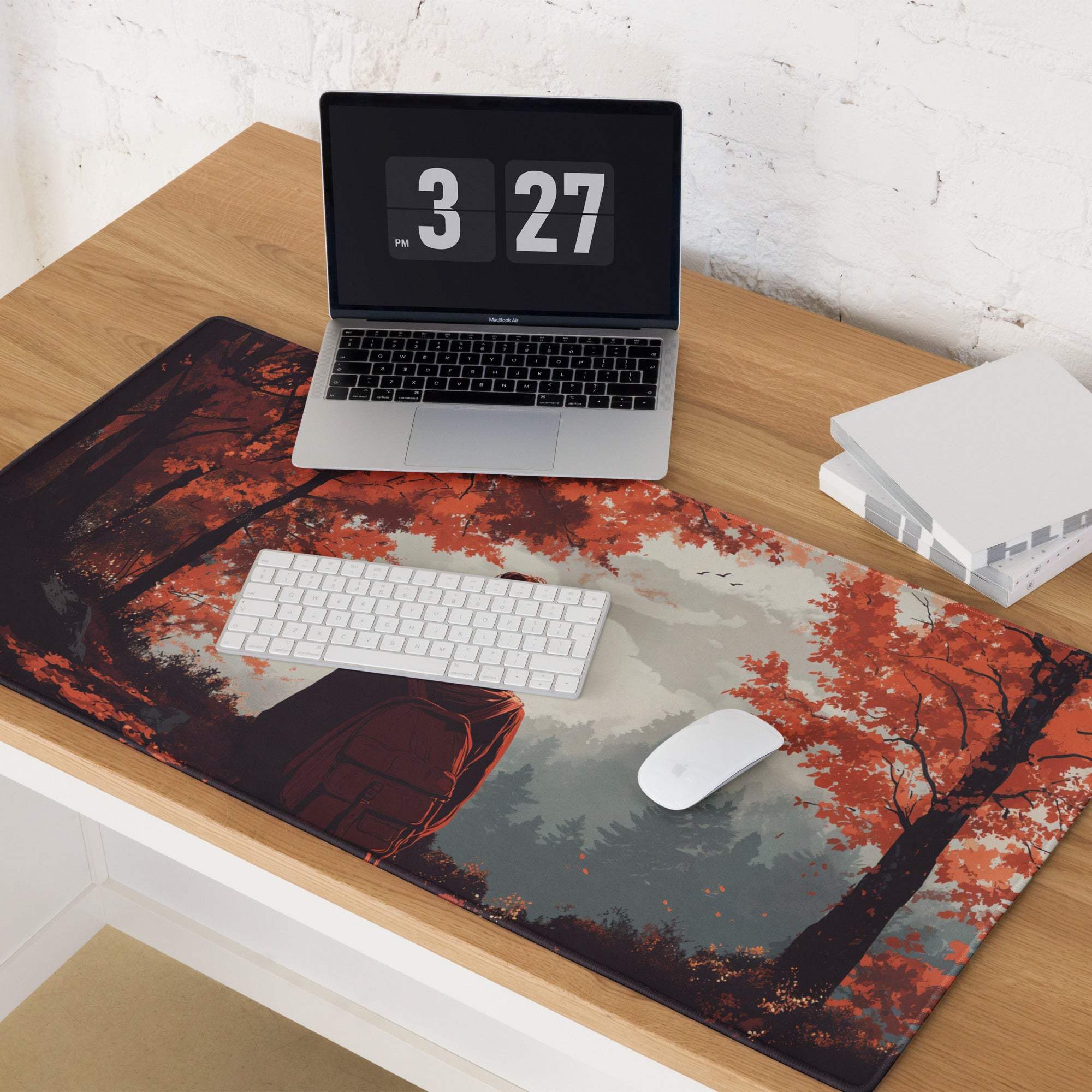 Stylized autumn forest backpacker scene mouse pad in warm red tones