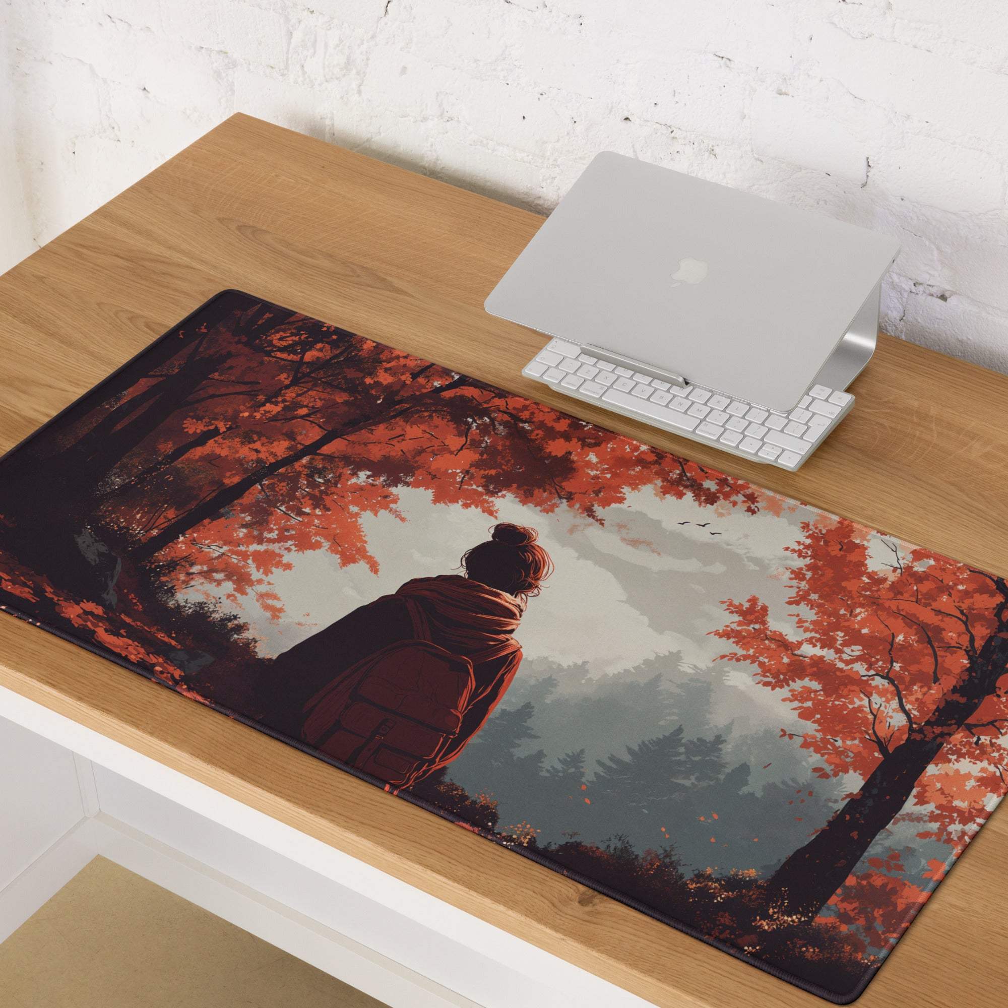 Stylized autumn forest backpacker scene mouse pad in warm red tones