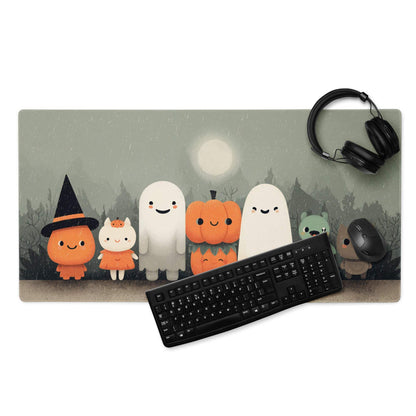 Whimsical Halloween Friends muted green gaming mouse pad with cute pumpkin ghosts