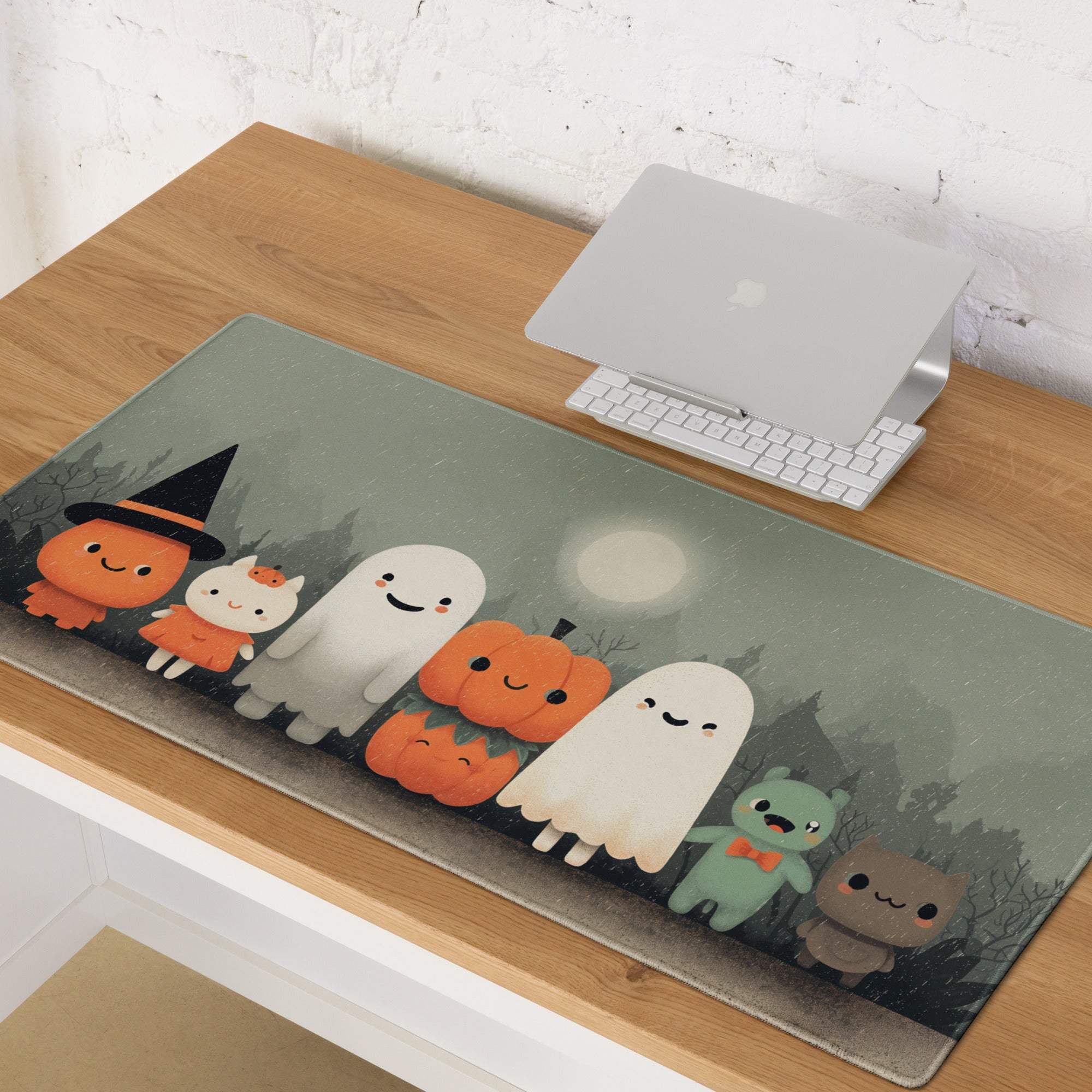 Whimsical Halloween Friends muted green gaming mouse pad with cute pumpkin ghosts