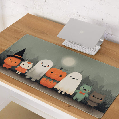 Whimsical Halloween Friends muted green gaming mouse pad with cute pumpkin ghosts