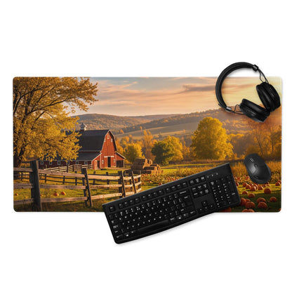 Rustic autumn farm landscape mouse pad with barn, pumpkins, sunset sky