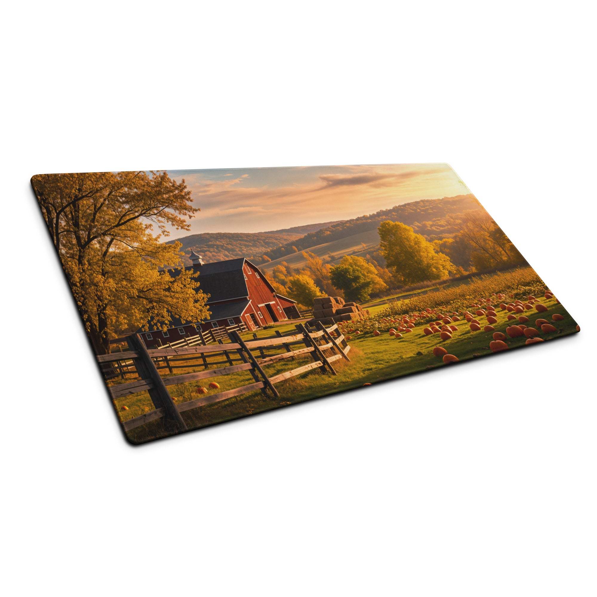 Rustic autumn farm mouse pad with barn pumpkin patch sunset scene