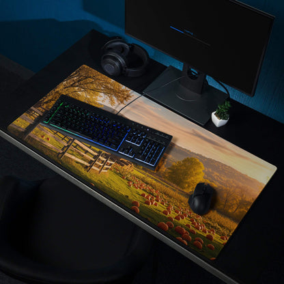 Rustic autumn farm landscape gaming mouse pad with barn, pumpkins, sunset