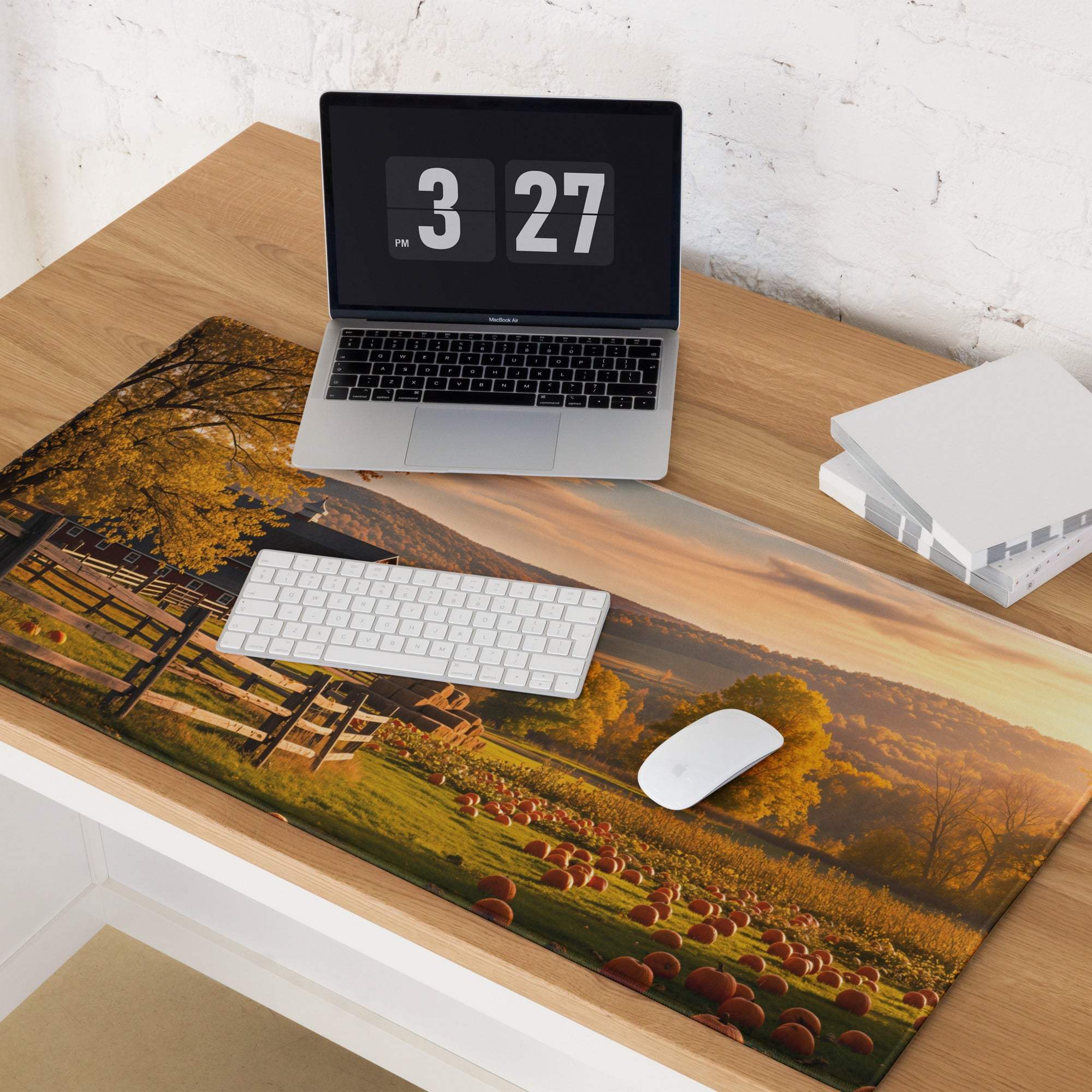 Rustic autumn farm landscape with barn, pumpkin patch mouse pad