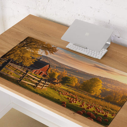 Rustic autumn farm mouse pad with red barn, pumpkin patch, non-slip base