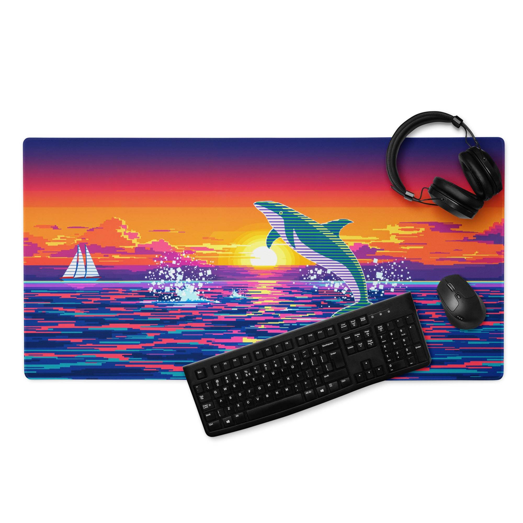 Vibrant retro-futuristic pixel dolphin ocean sunset gaming mouse pad