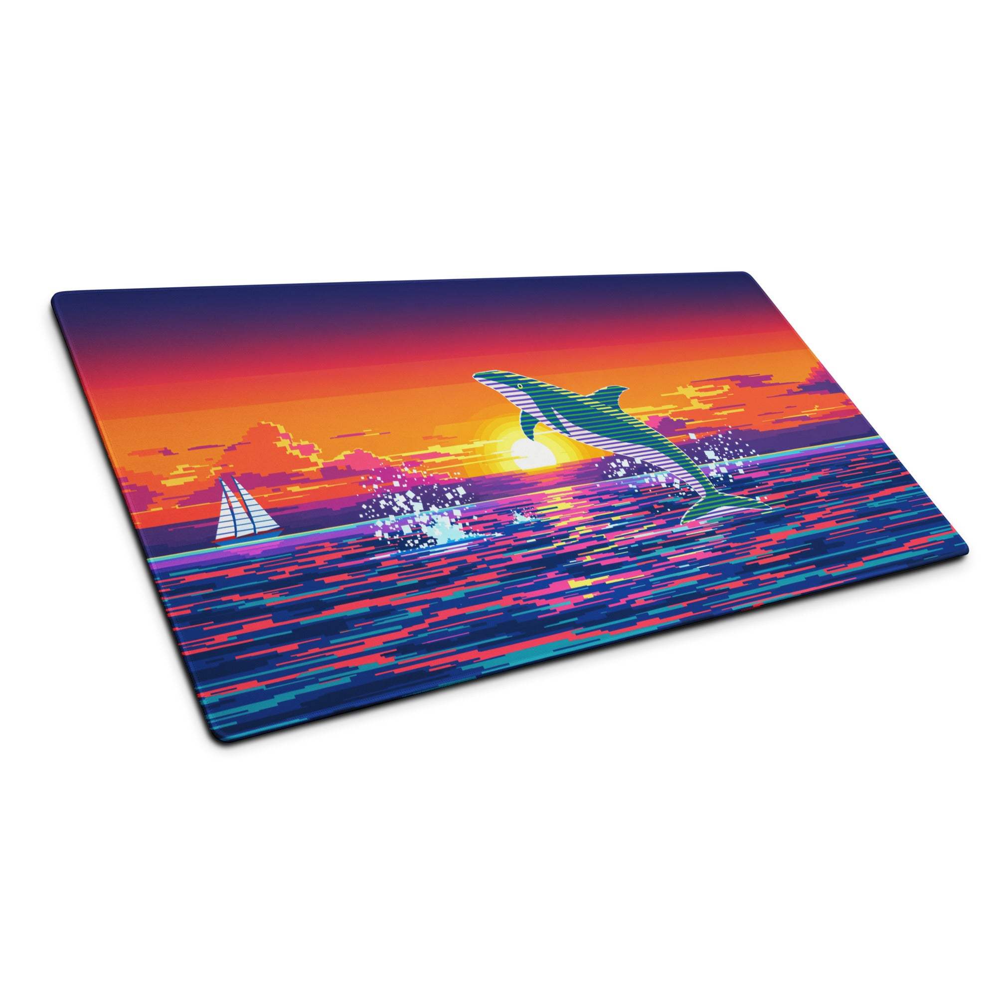 Vibrant retro dolphin sunset ocean cutting board mouse pad for wide desks