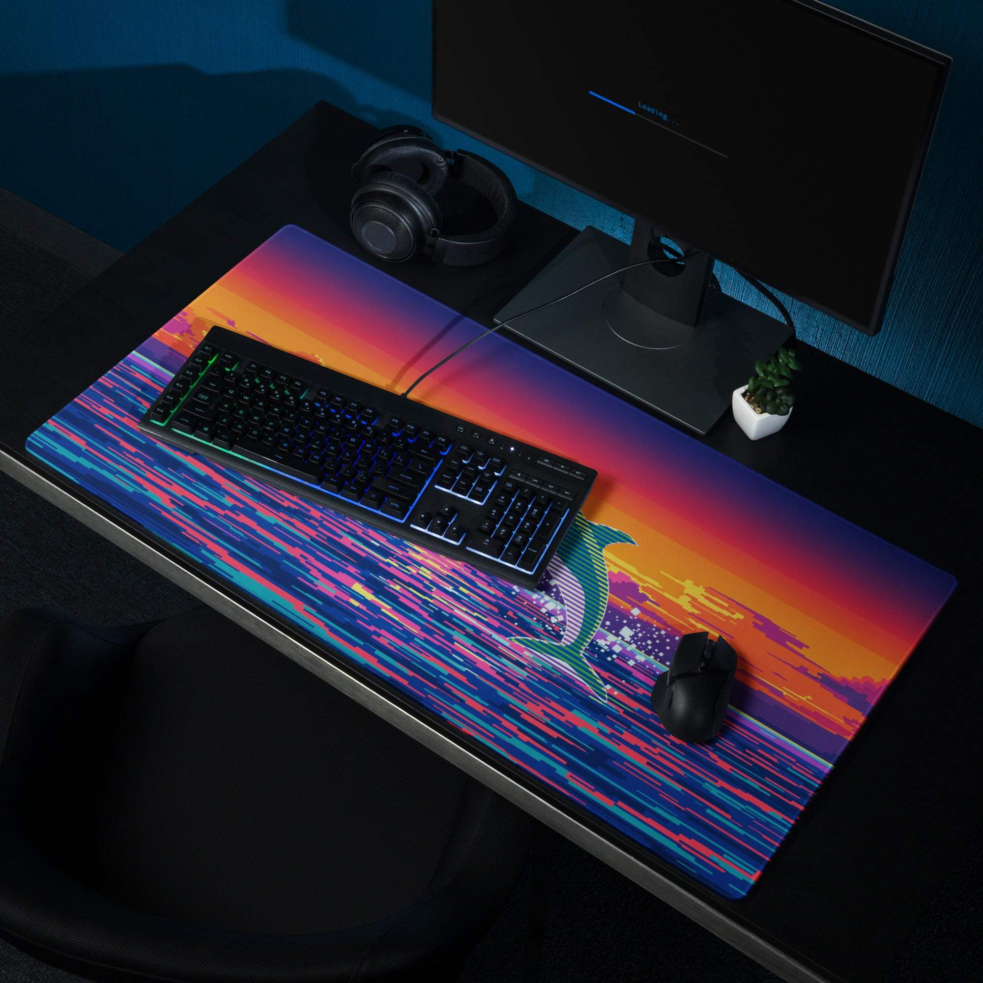 Vibrant retro dolphin leaping through ocean waves on large gaming mouse pad