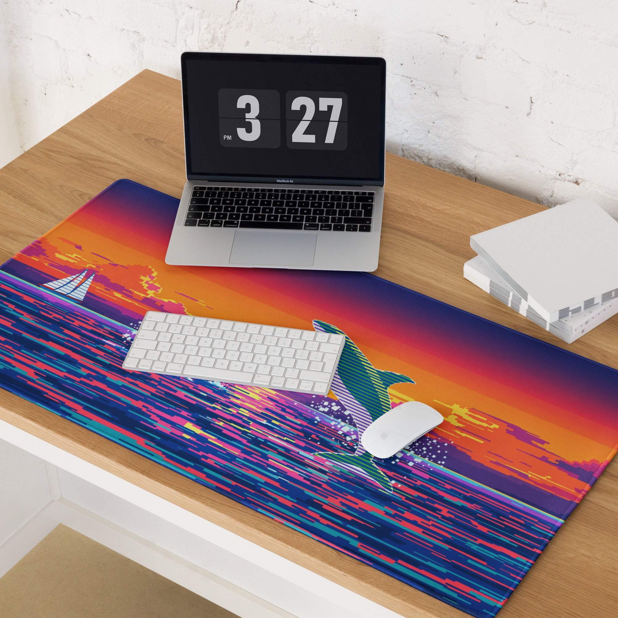 Vibrant retro dolphin leaping ocean sunset gaming mouse pad for wide desks
