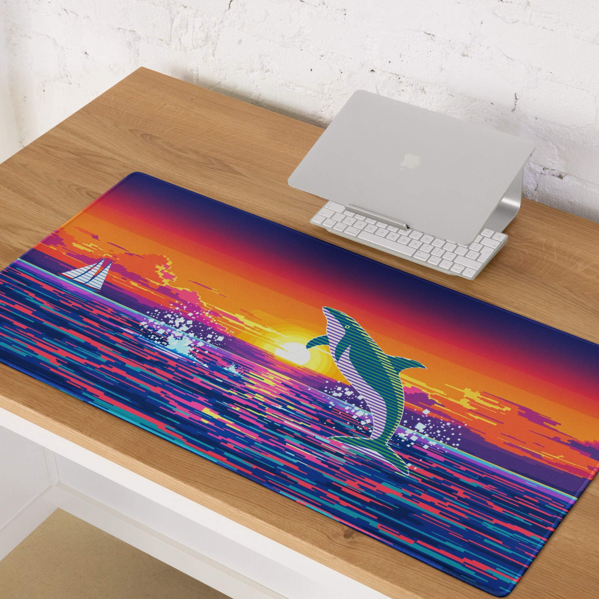 Vibrant retro orca leaping through ocean waves on large gaming mouse pad
