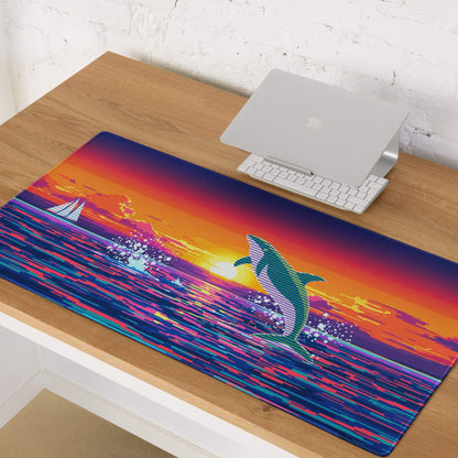 Vibrant retro orca leaping through ocean waves on large gaming mouse pad