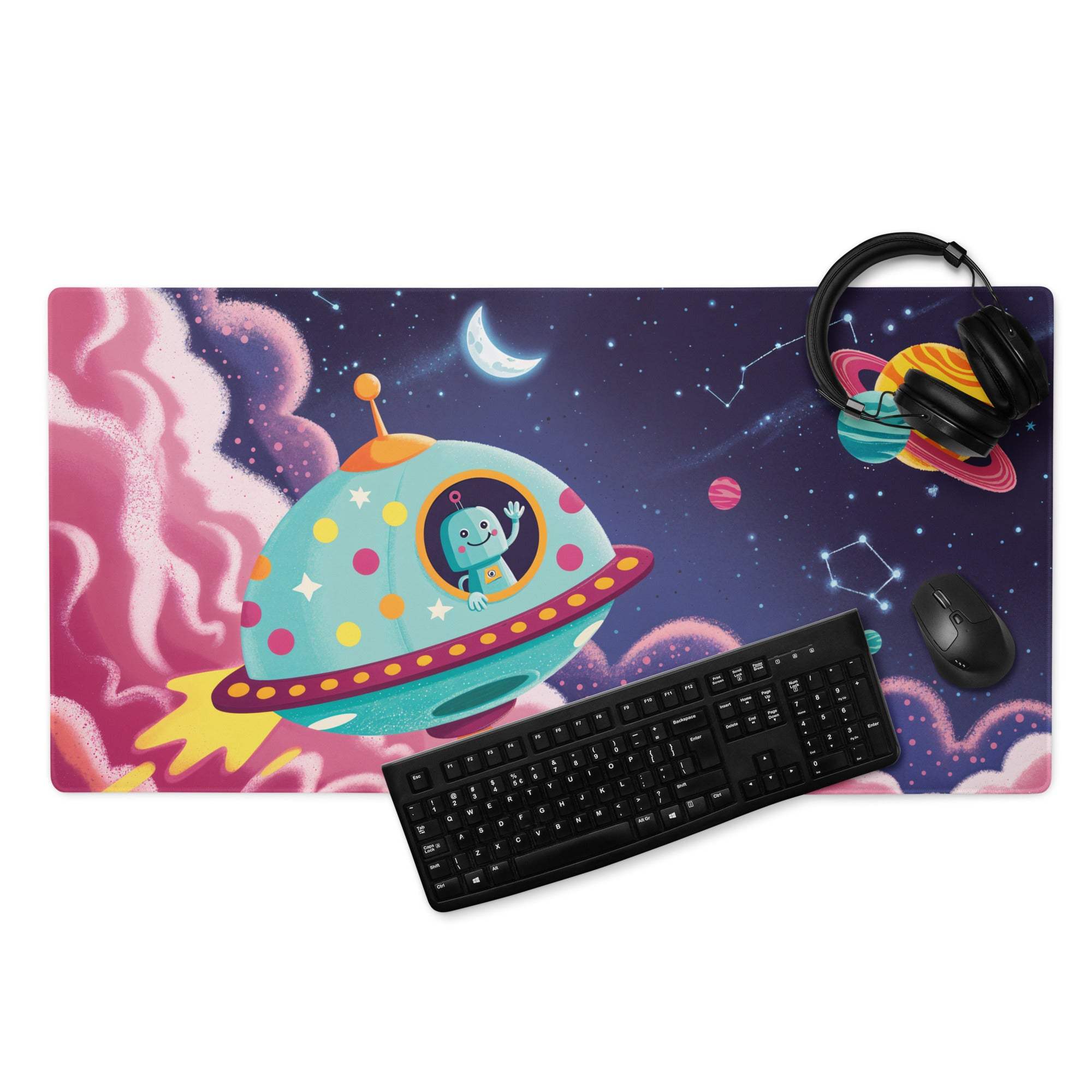 Vibrant teal UFO alien mousepad with stars, planets, non-slip base