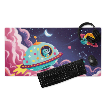 Vibrant teal UFO alien mousepad with stars, planets, non-slip base