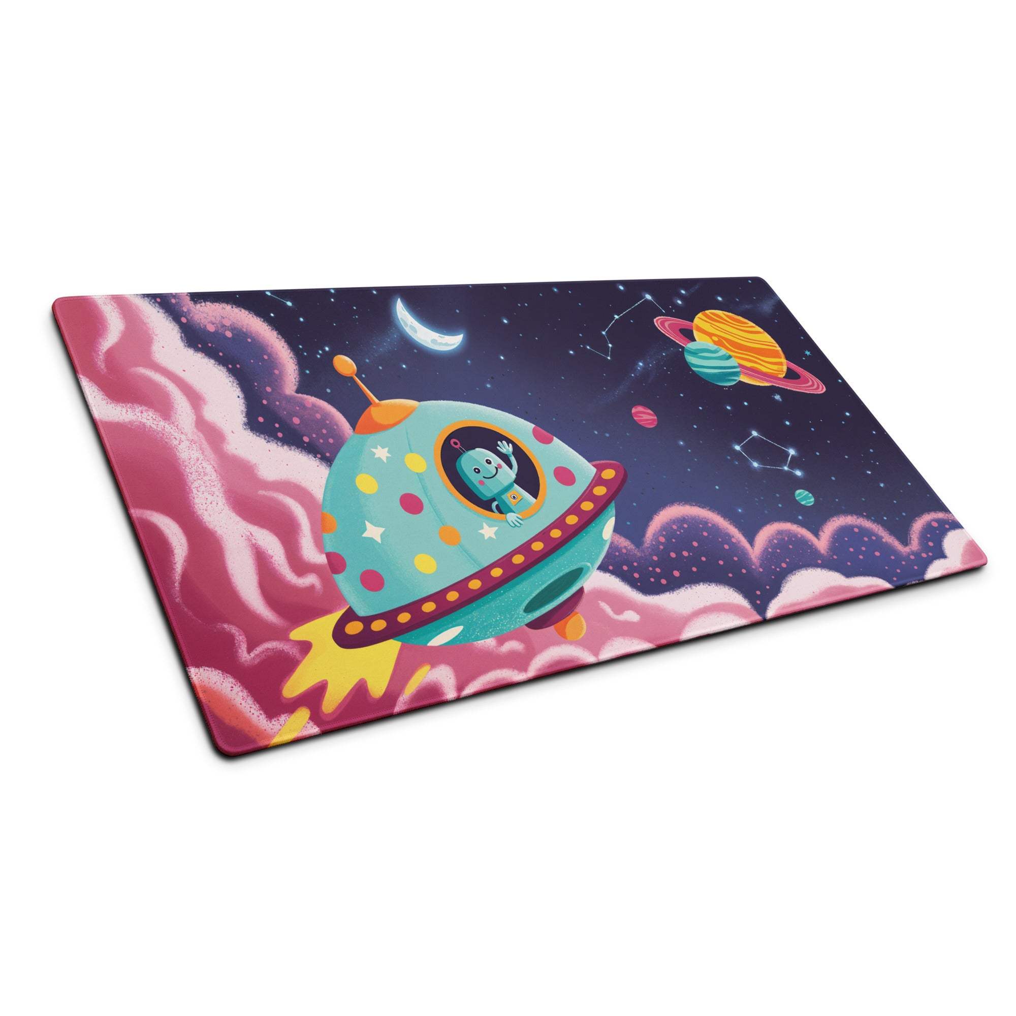 Colorful cartoon spaceship alien on cosmic whimsical gaming mouse pad