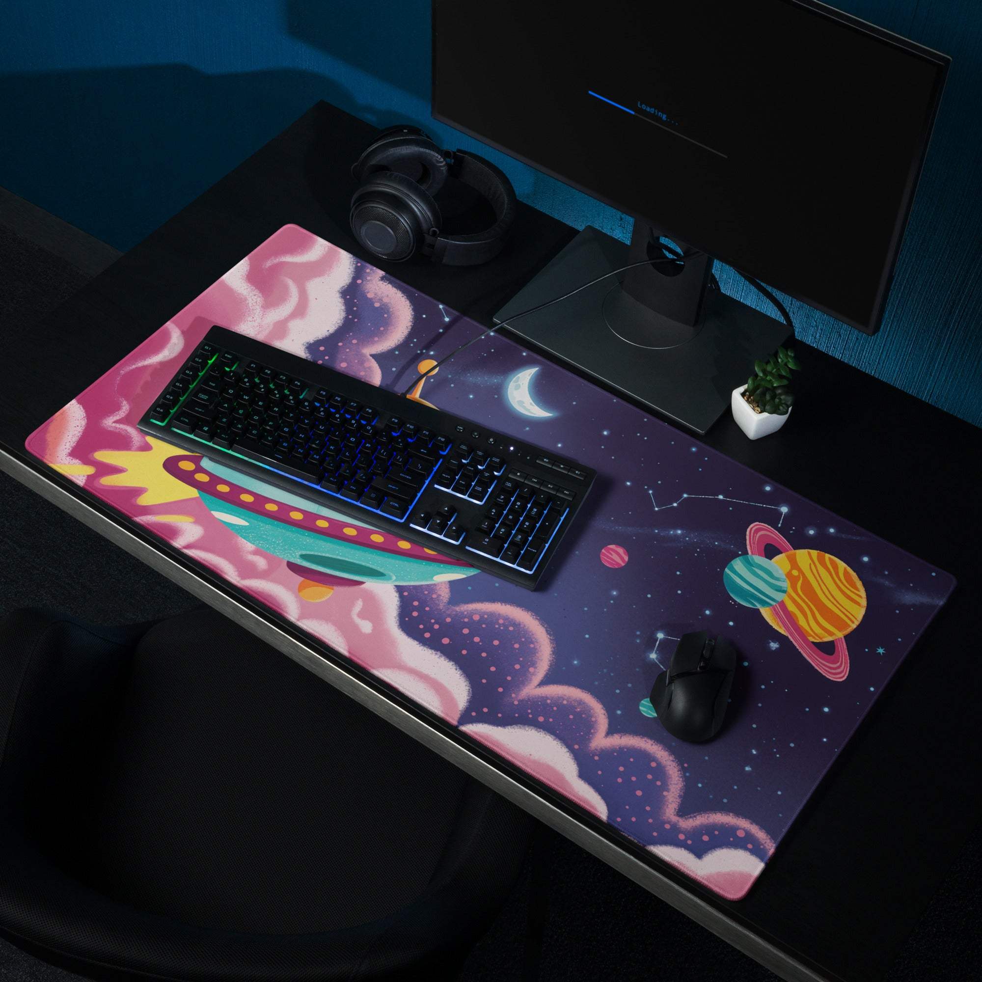 Cosmic whimsical space gaming mouse pad with planets, stars, edge stitching