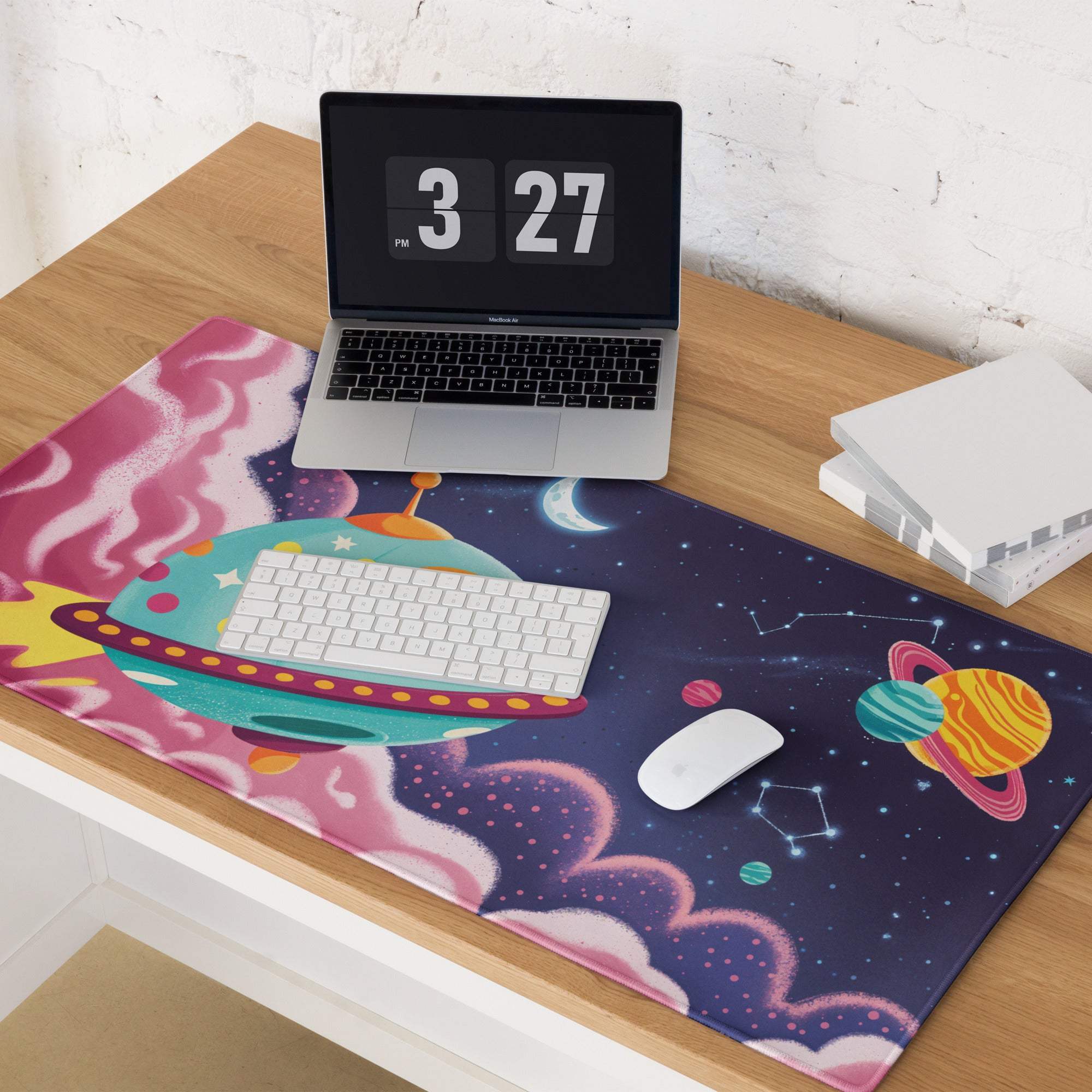 Cosmic whimsical space adventure gaming mouse pad with teal spaceship and nebulae