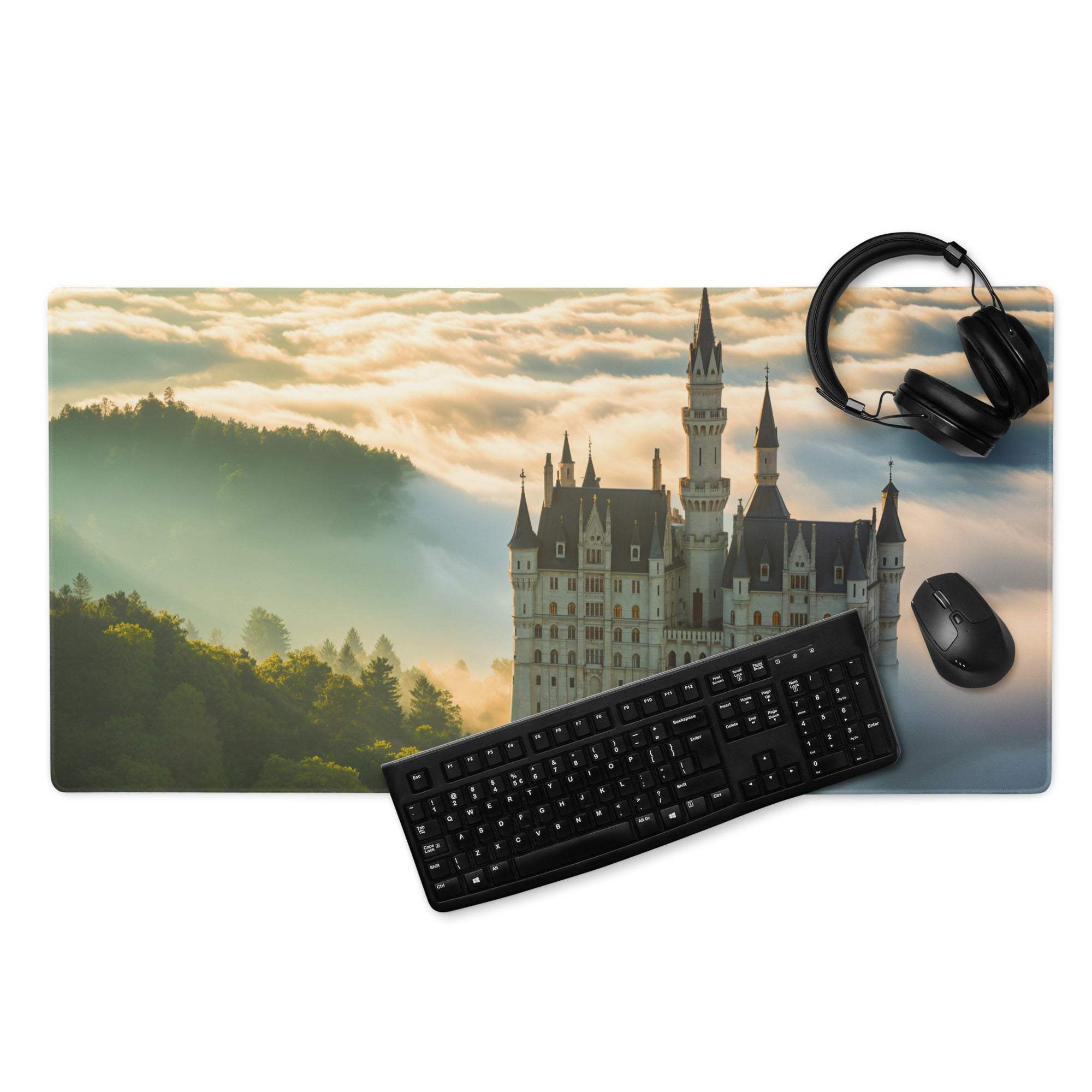 Epic fantasy Neuschwanstein Castle gaming mouse pad with sunrise mist, non-slip base