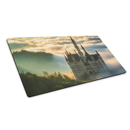 Neuschwanstein castle rectangular glass cutting board with misty sunrise hills