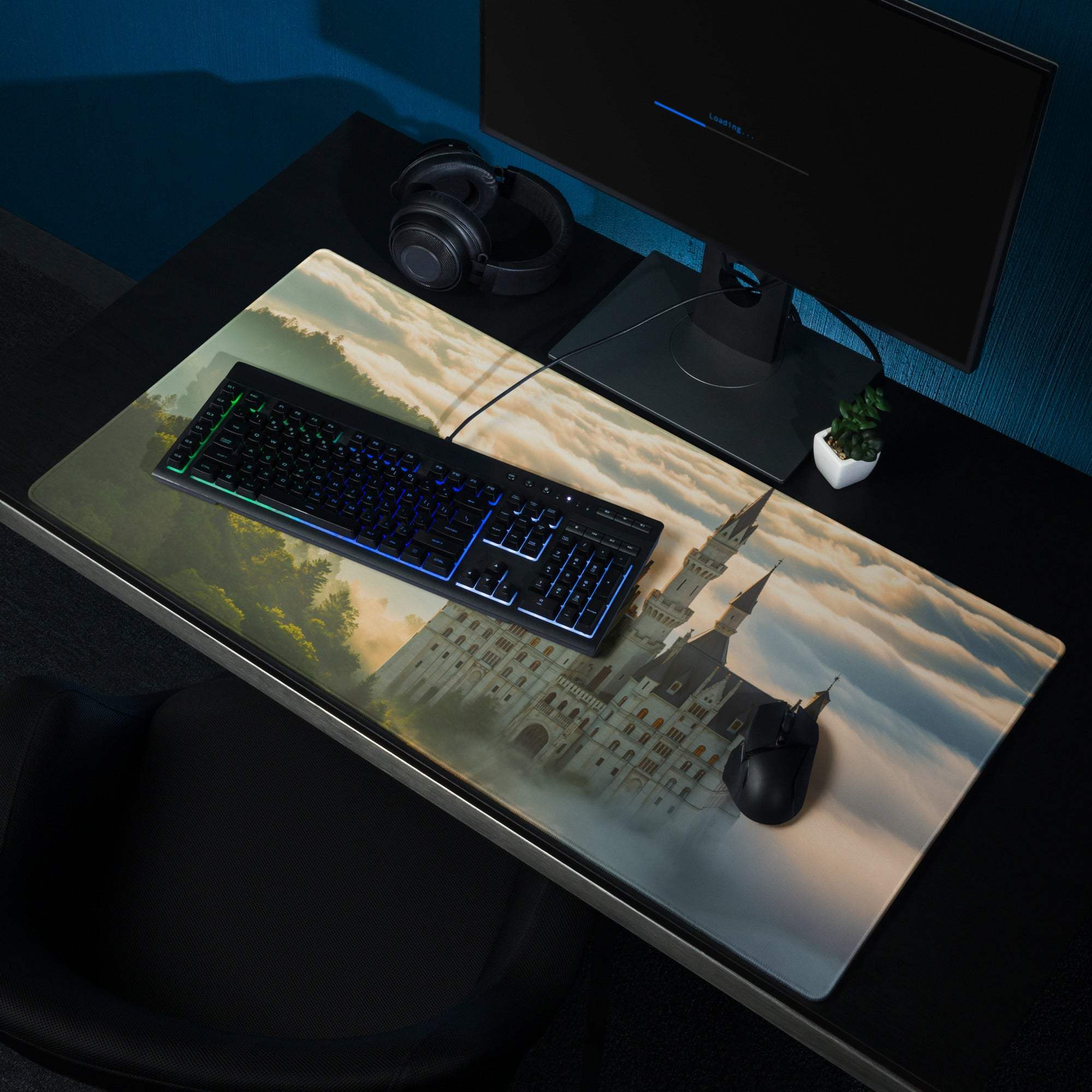Epic fantasy castle landscape gaming mouse pad with sunrise mist and non-slip base