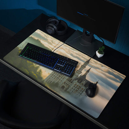 Epic fantasy castle landscape gaming mouse pad with sunrise mist and non-slip base