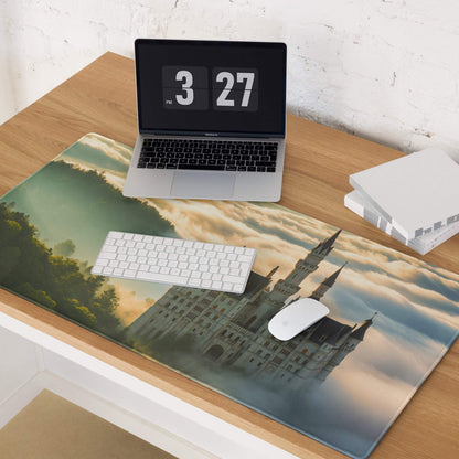 Epic fantasy castle gaming mouse pad with sunrise mist, non-slip base