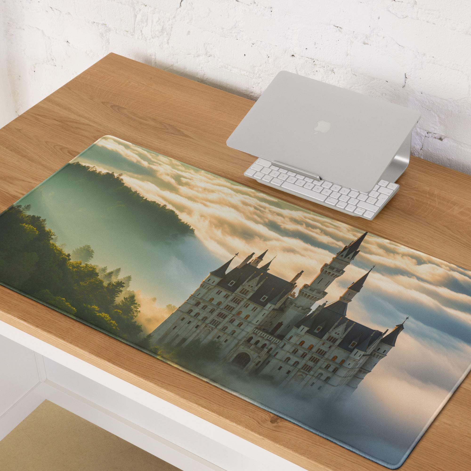 Epic fantasy castle landscape large gaming mouse pad with sunrise mist colors
