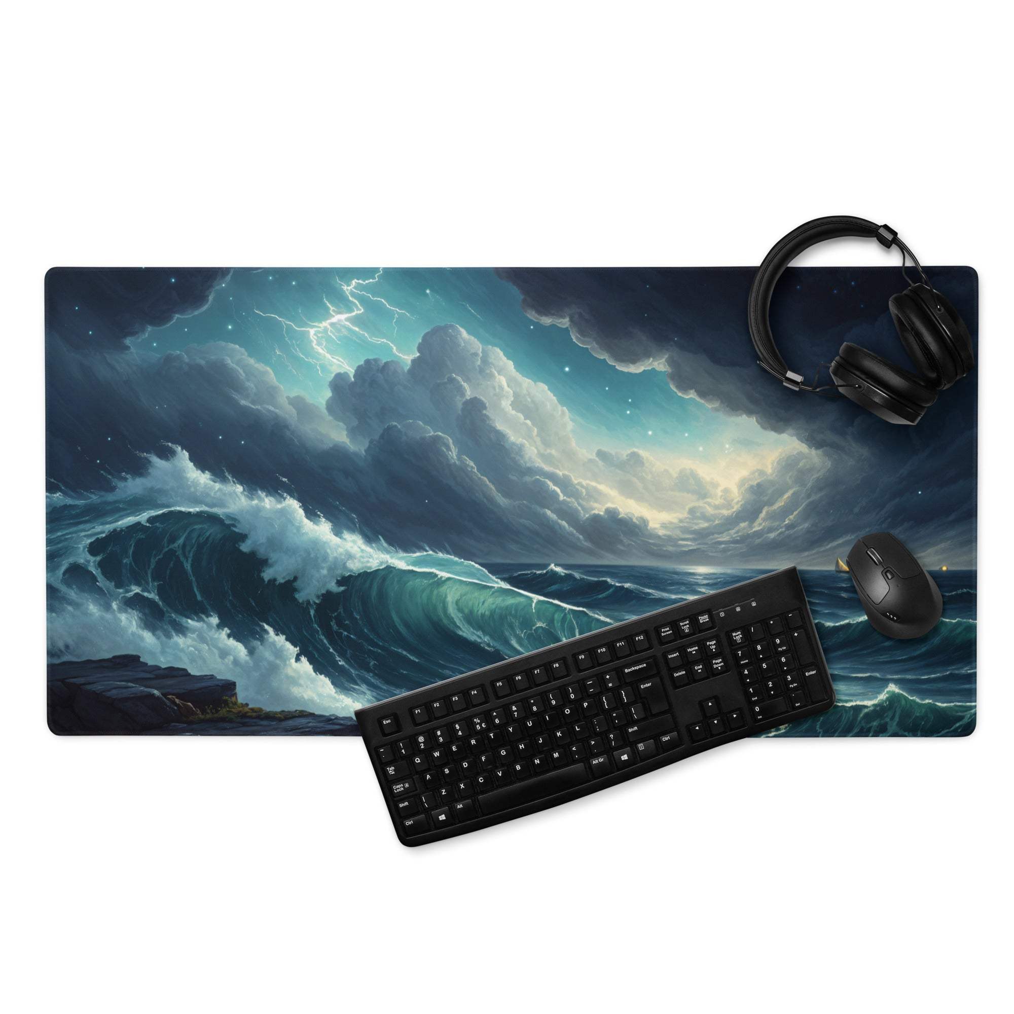 Epic Ocean Wave Stormy Blue gaming mouse pad with crashing waves and lightning sky