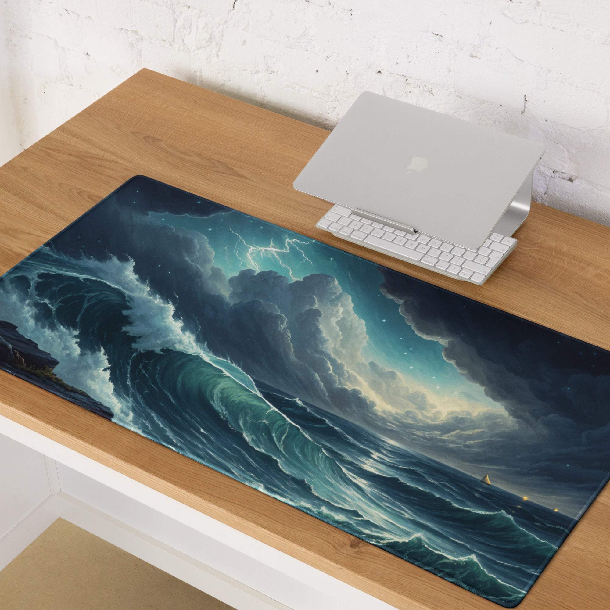Epic Ocean Wave Stormy Blue gaming mouse pad with crashing waves and lightning