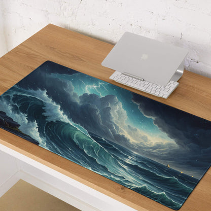Epic Ocean Wave Stormy Blue gaming mouse pad with crashing waves and lightning