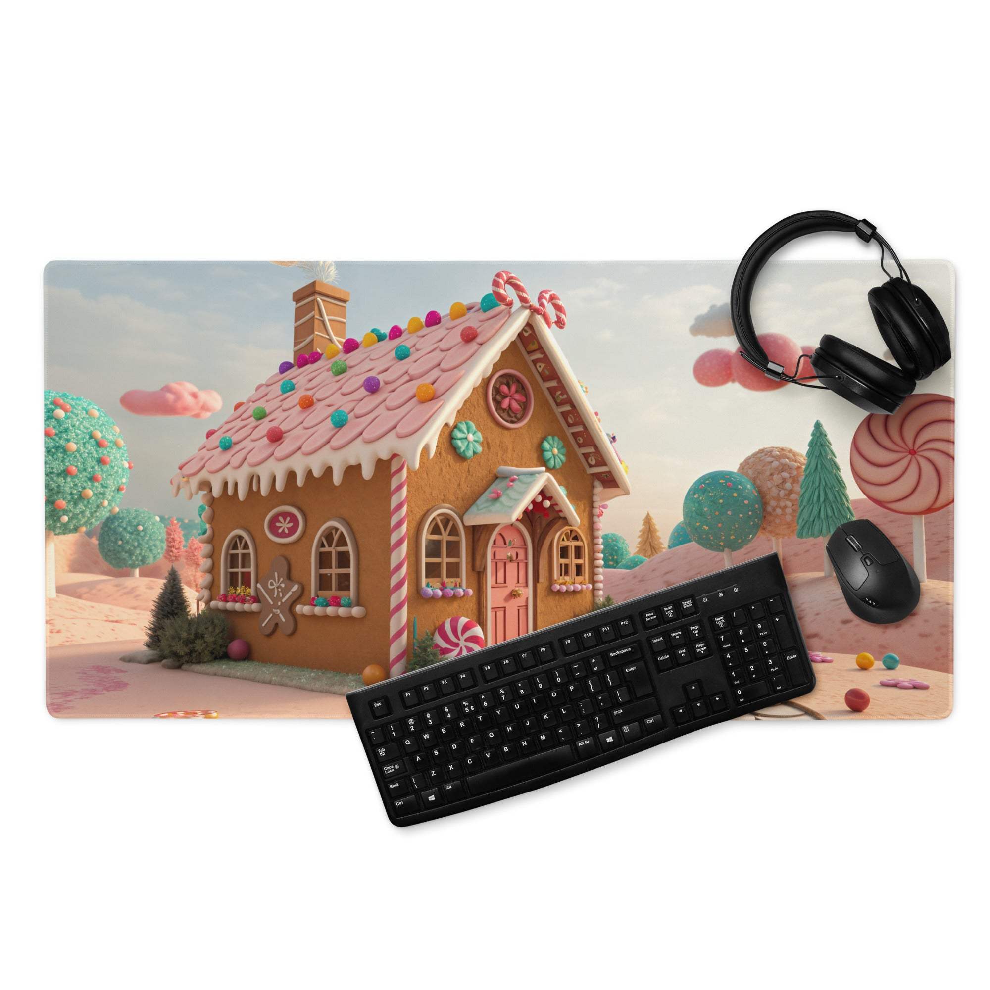 Candy Land rectangular gingerbread house gaming mouse pad with non-slip base
