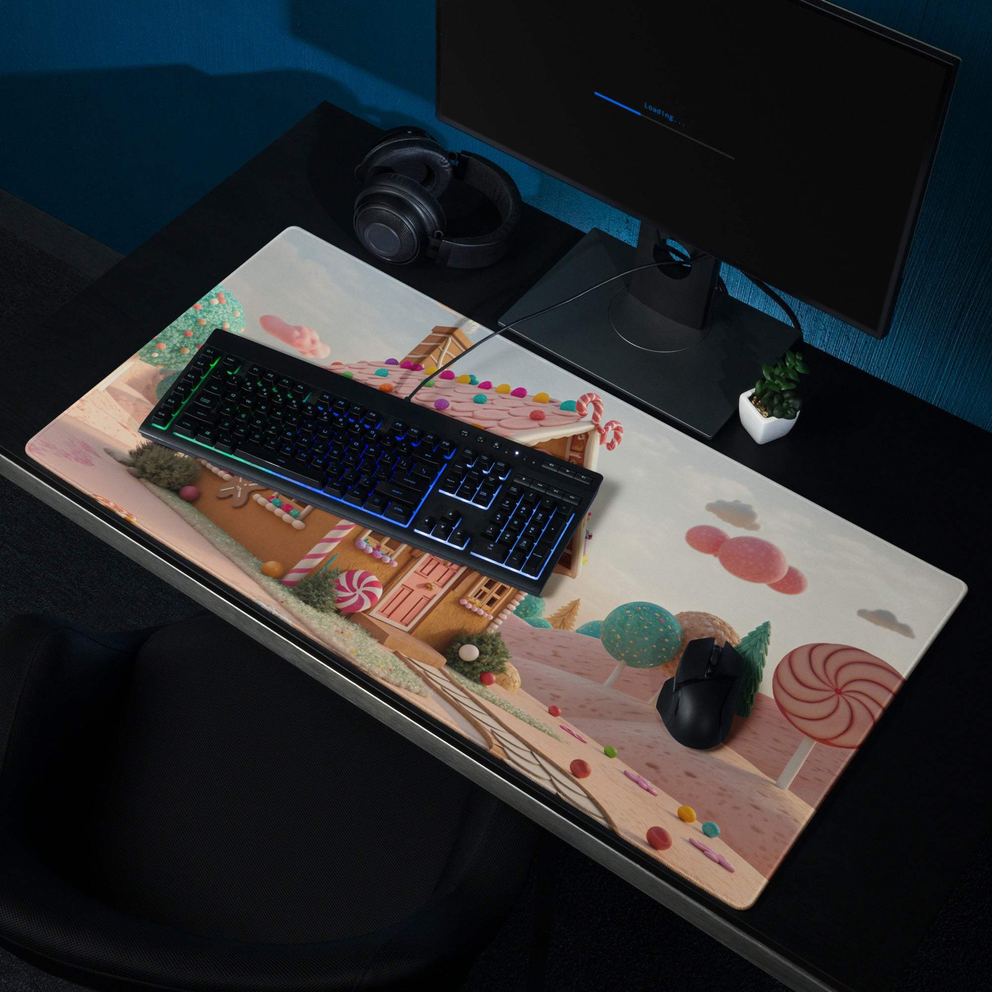Candy Land themed large gaming mouse pad with gingerbread house and pastel candies