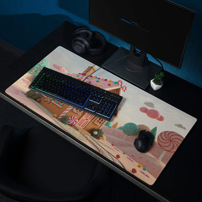 Candy Land themed large gaming mouse pad with gingerbread house and pastel candies