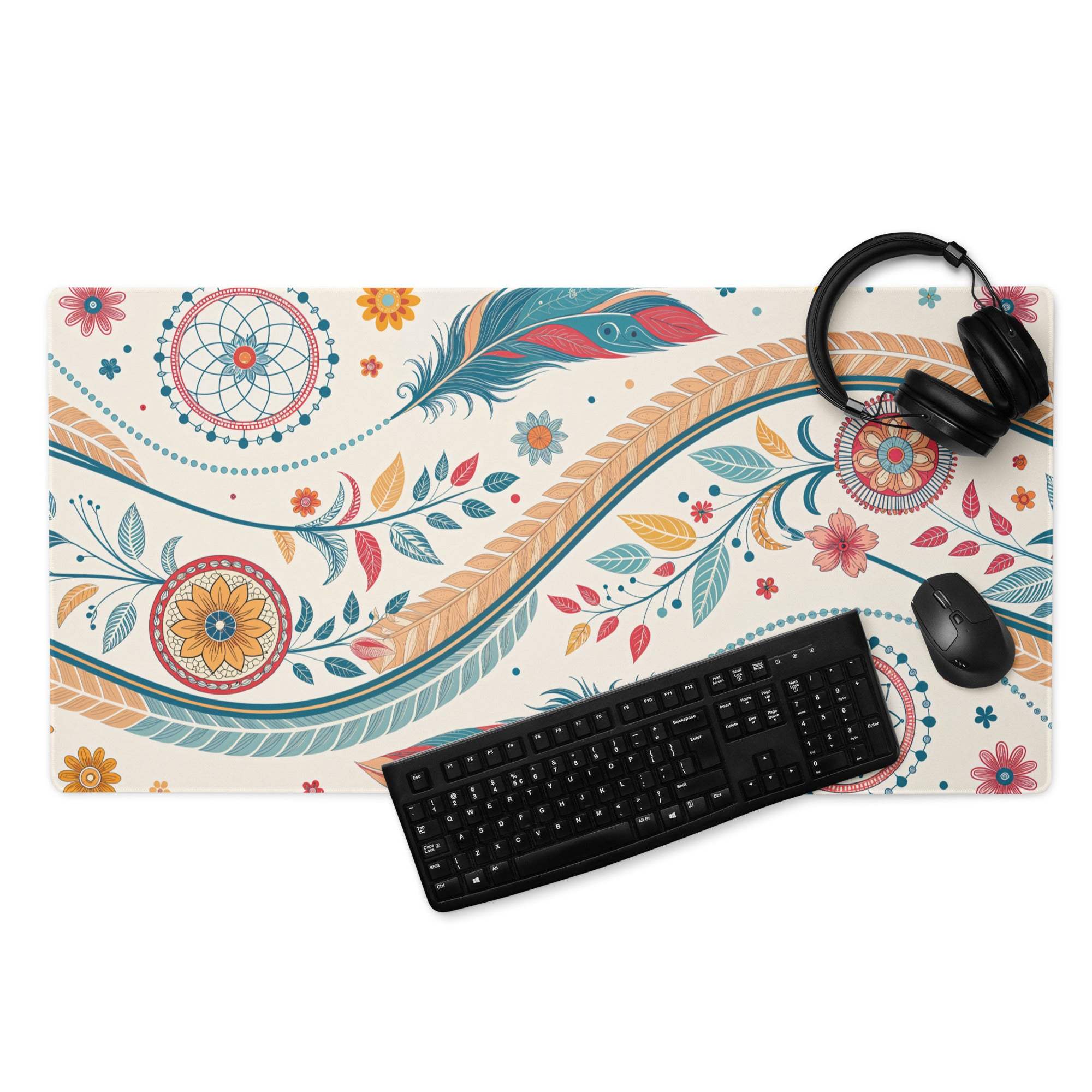 Boho floral cream gaming mouse pad with teal orange pink gold patterns