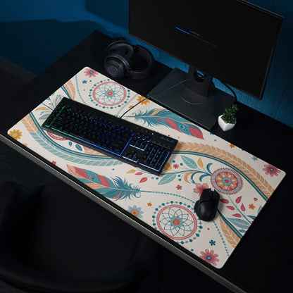 Boho floral cream gaming mouse pad with teal pink feathers dreamcatcher