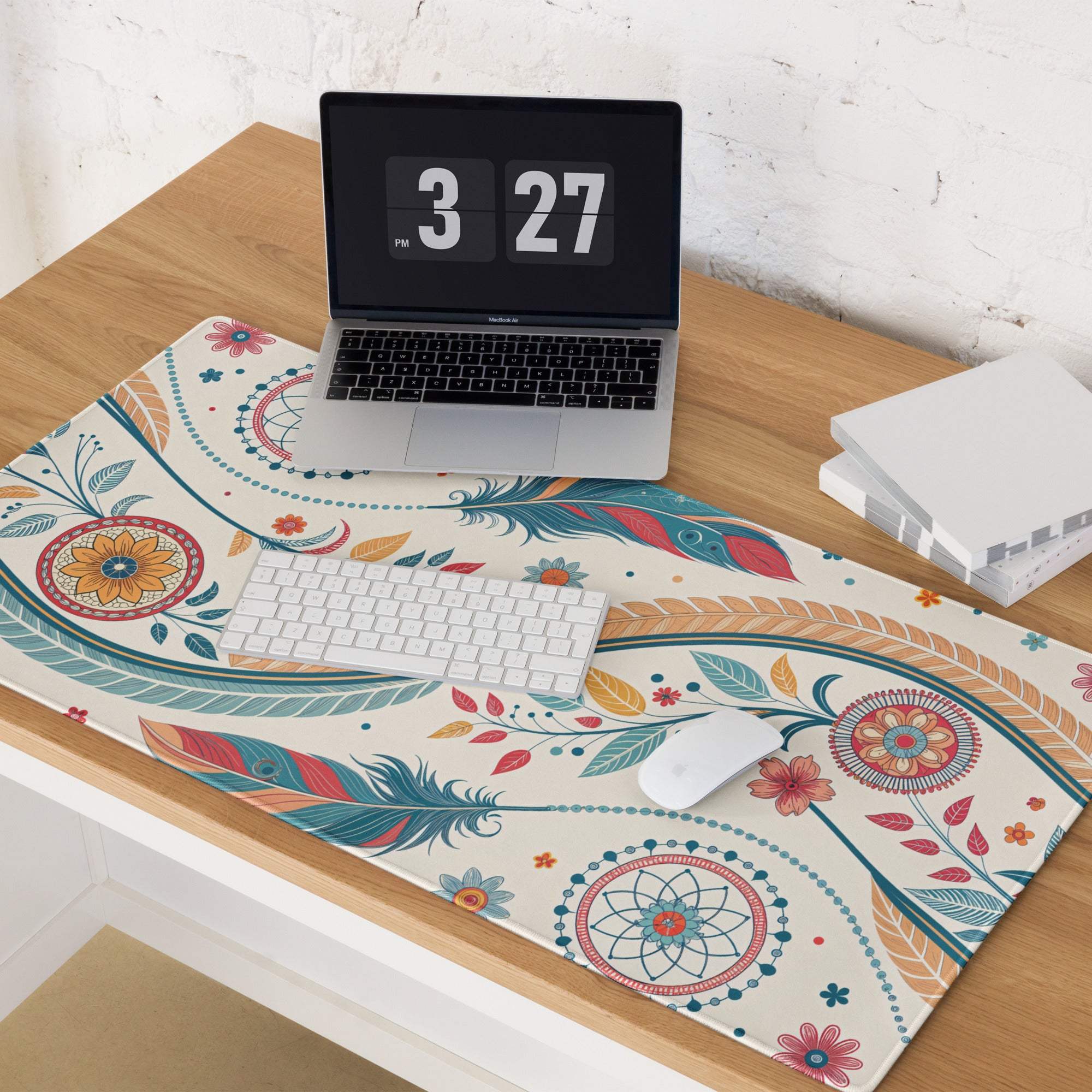 Boho floral cream gaming mouse pad with feathers, large non-slip stitched