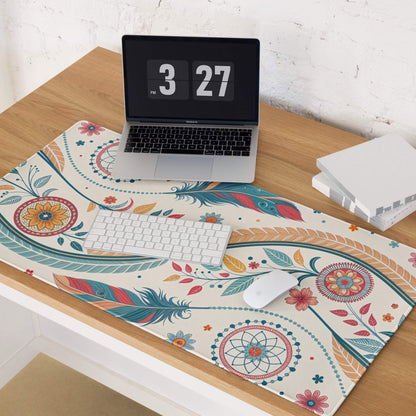 Boho floral cream gaming mouse pad with feathers, large non-slip stitched