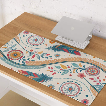 Boho floral cream gaming mouse pad with feathers, dreamcatchers, non-slip stitched edges