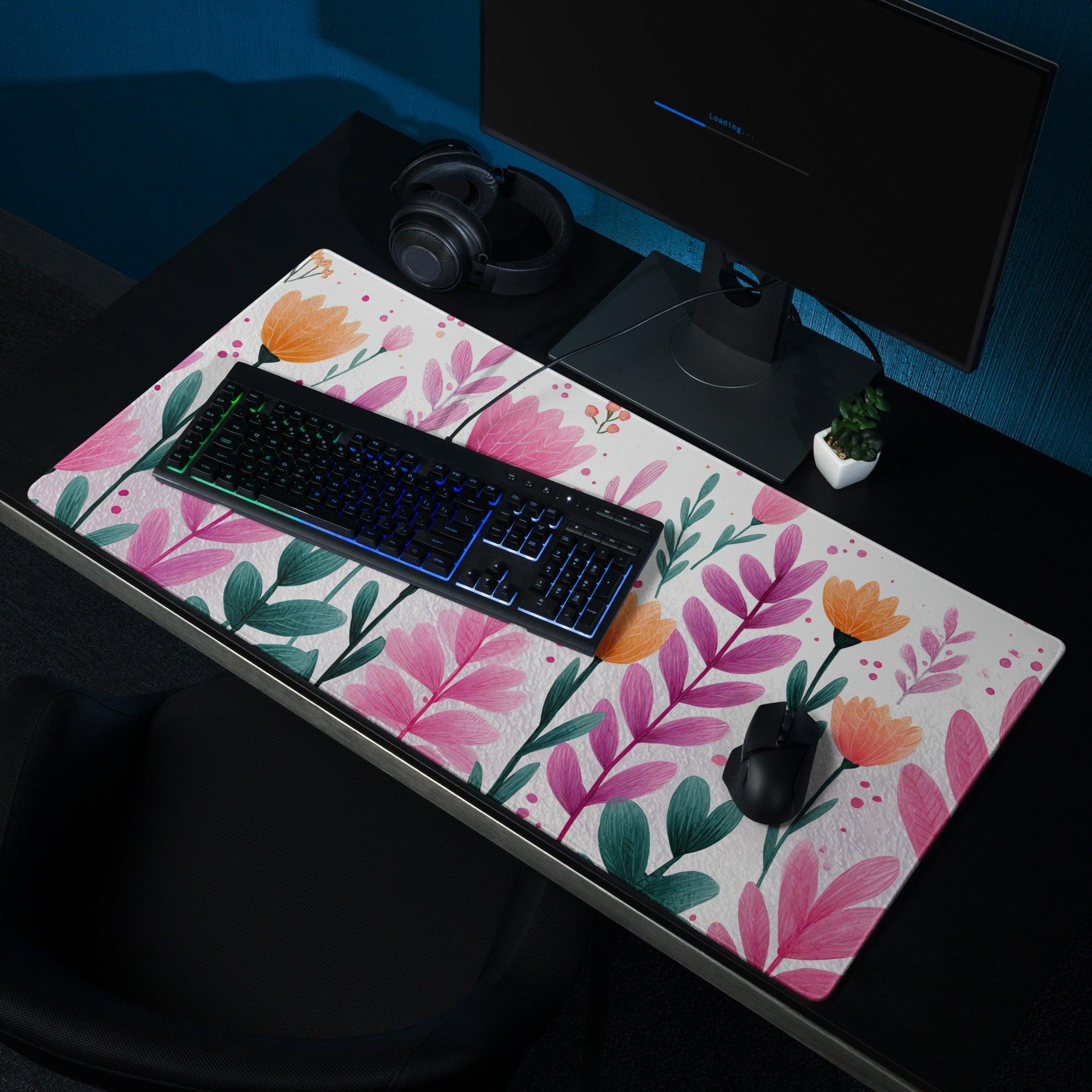 Vibrant pink orange floral garden gaming mouse pad large non-slip base