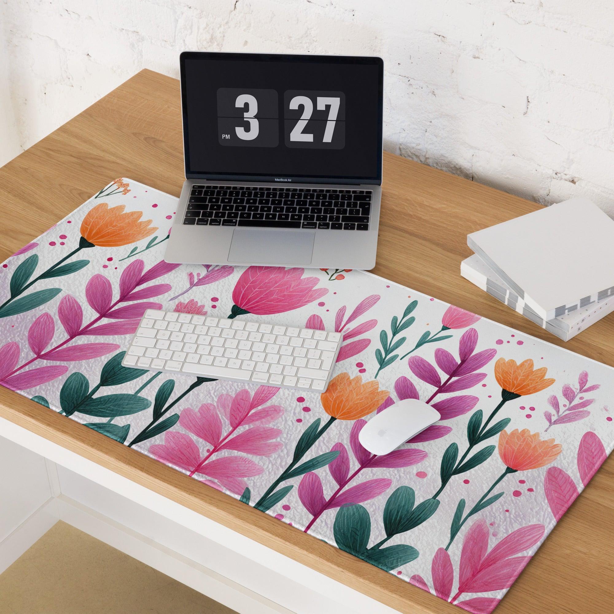 Vibrant pink orange floral garden large gaming mouse pad with non-slip base