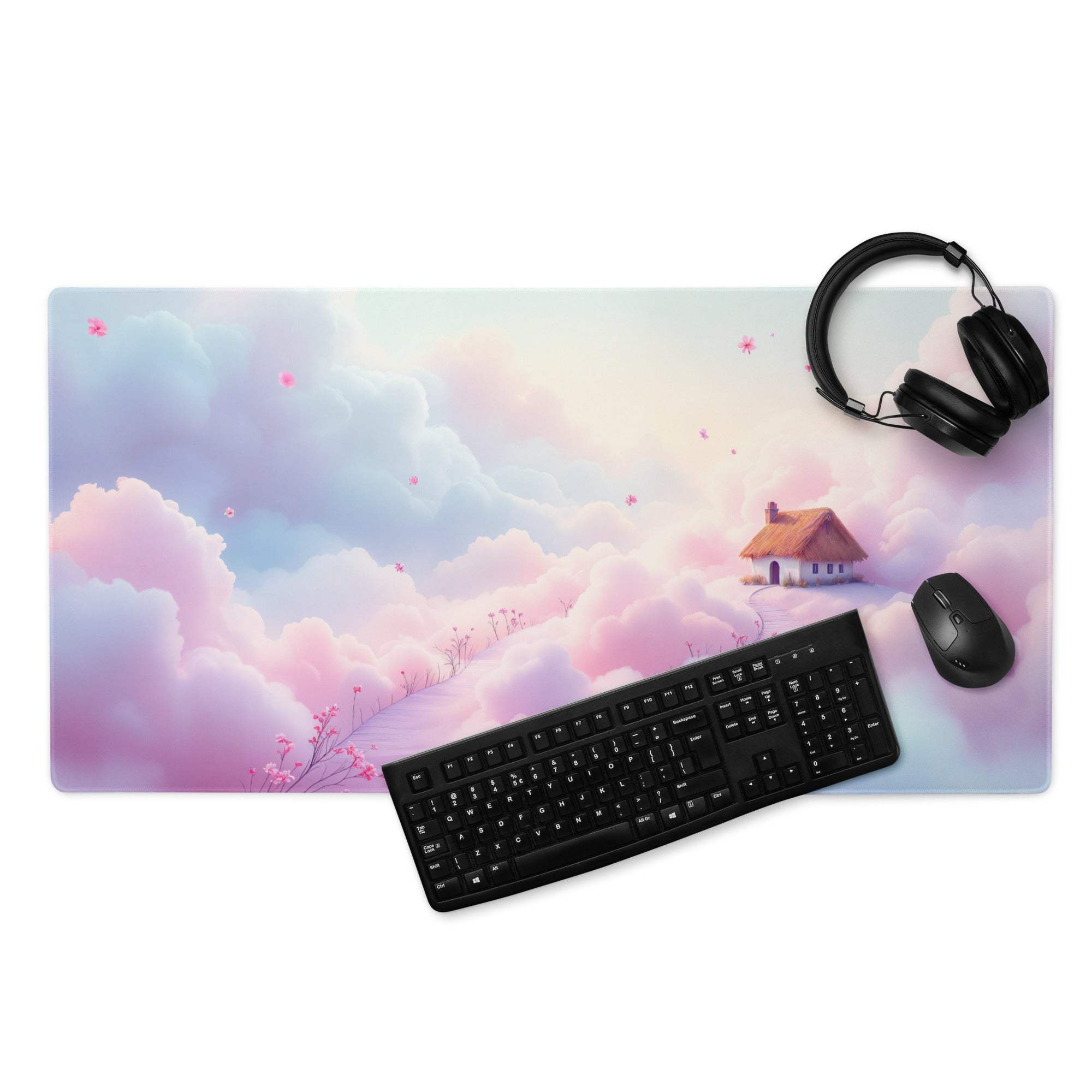 Dreamy pastel pink blue cloud gaming mousepad with house, non-slip base