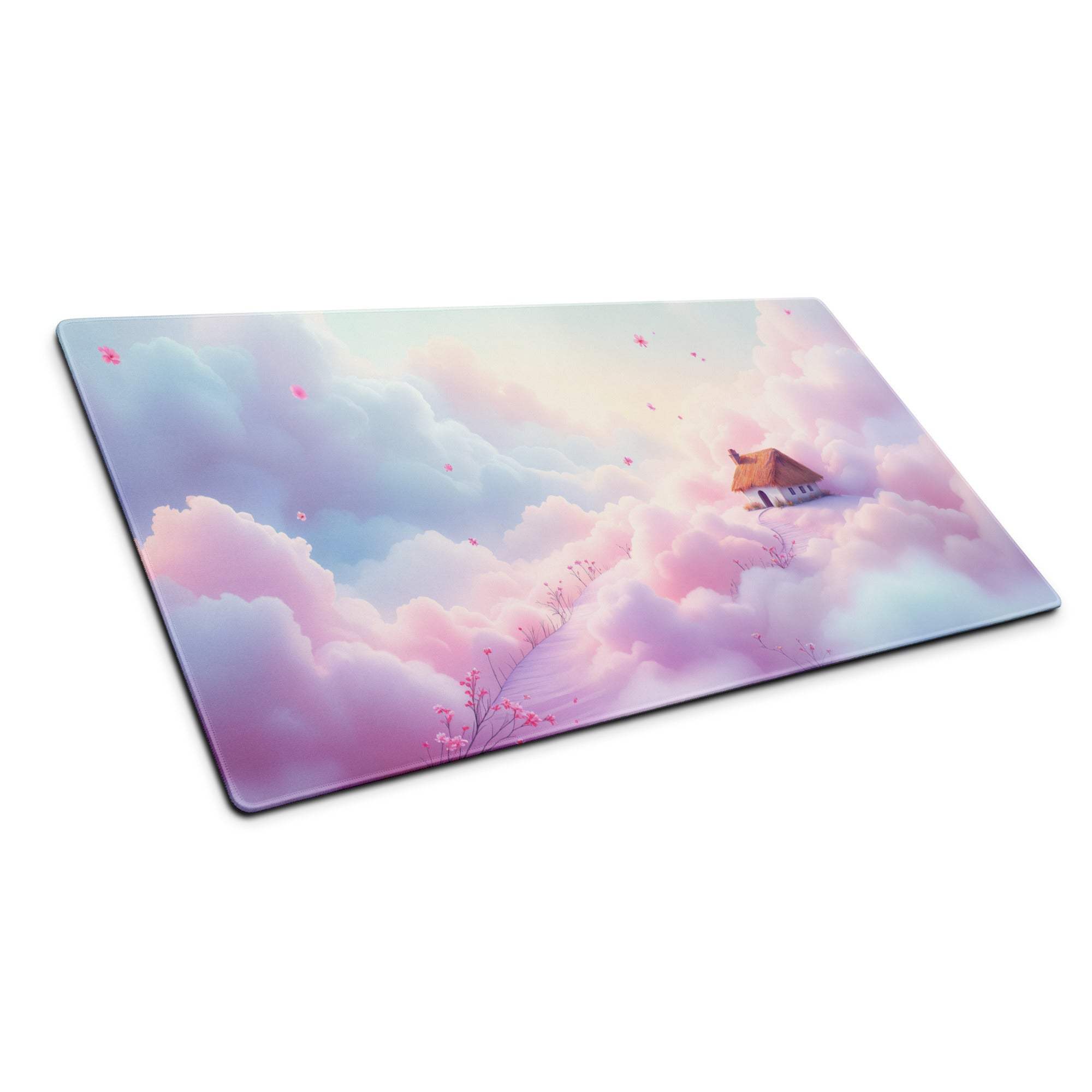 Dreamy Pastel Cloud gaming mouse pad with house in pink blue clouds