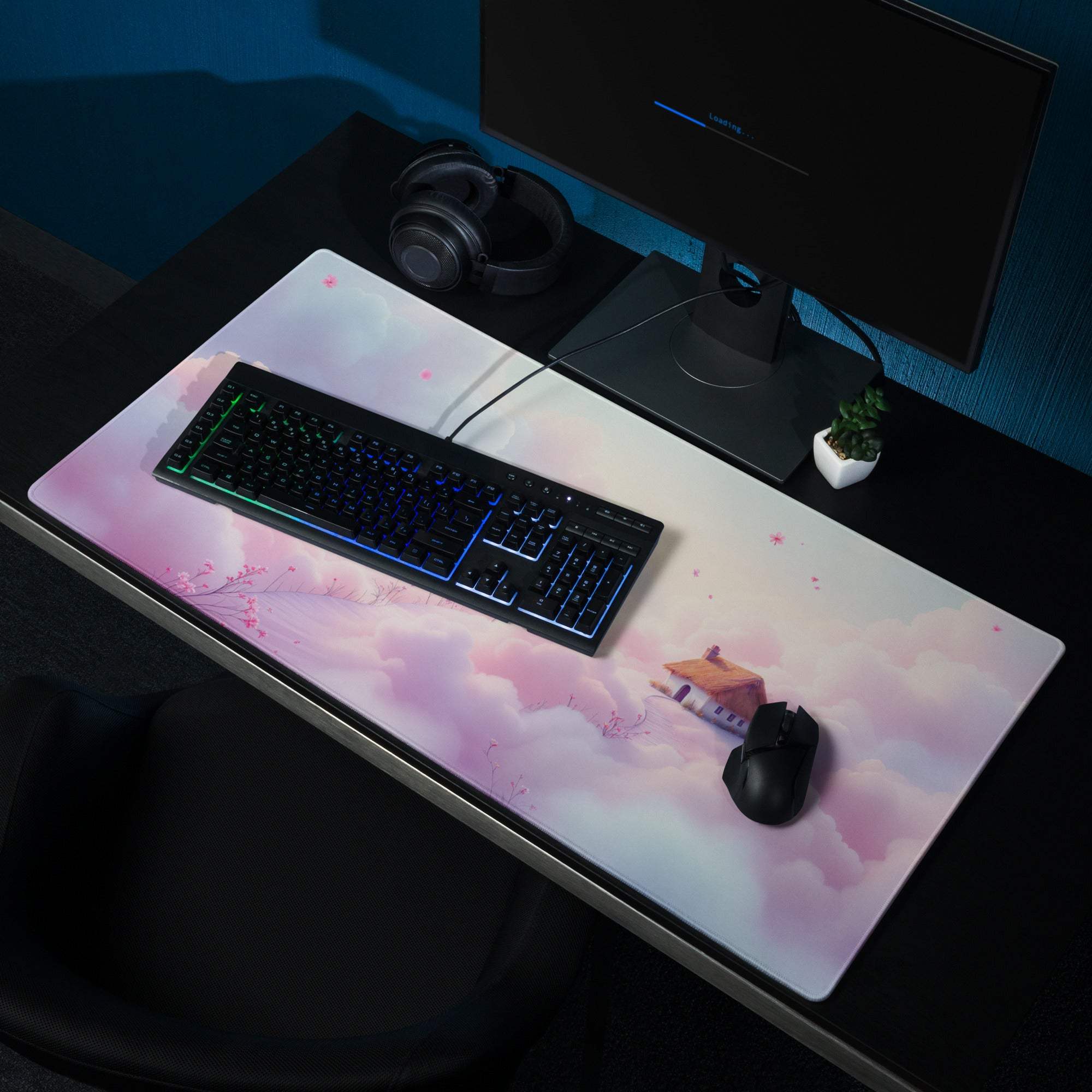 Dreamy pastel pink white cloud gaming mousepad with house non-slip base