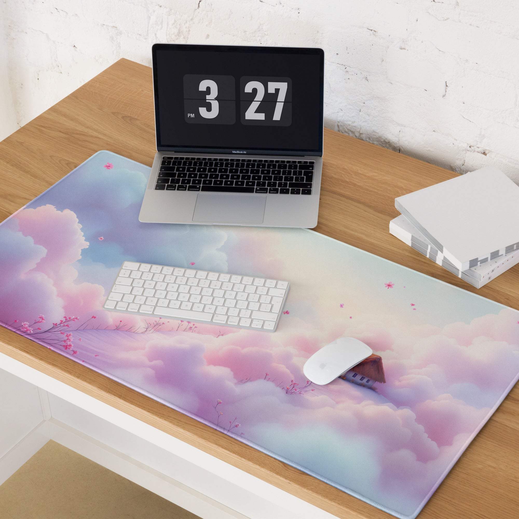 Dreamy pastel pink lavender cloud gaming mousepad with cherry blossoms