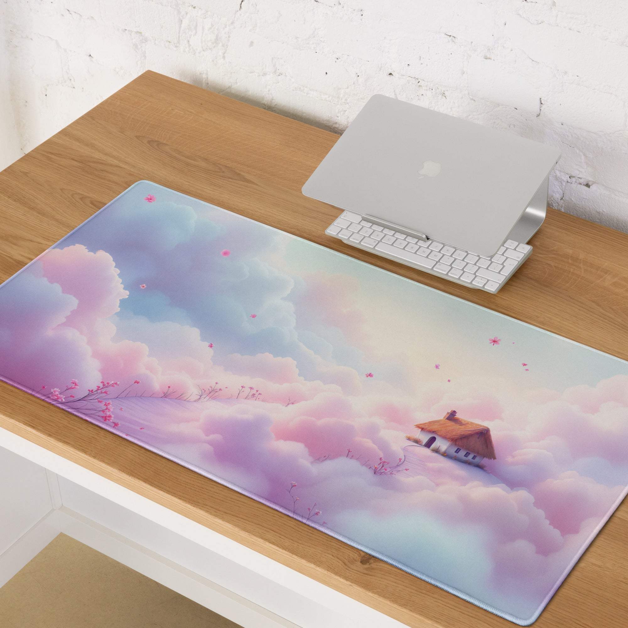 Dreamy pastel cloud gaming mousepad with house design, non-slip base