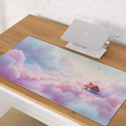 Dreamy pastel cloud gaming mousepad with house design, non-slip base