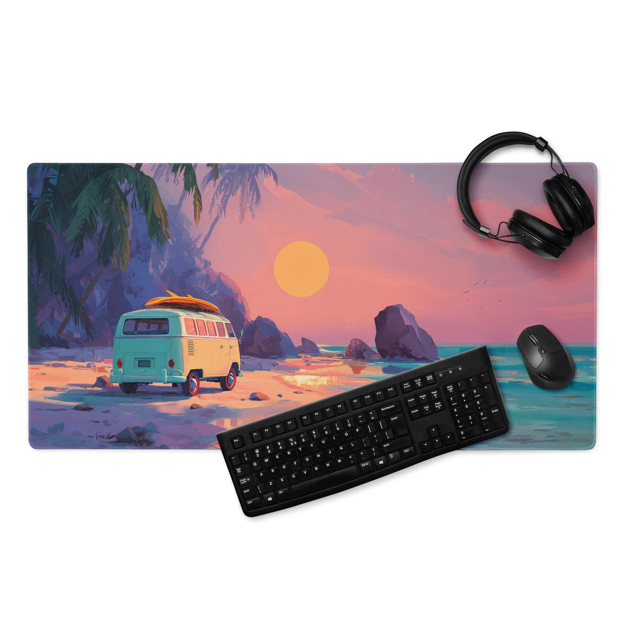 Vibrant retro beach sunset van on tropical shore gaming mouse pad