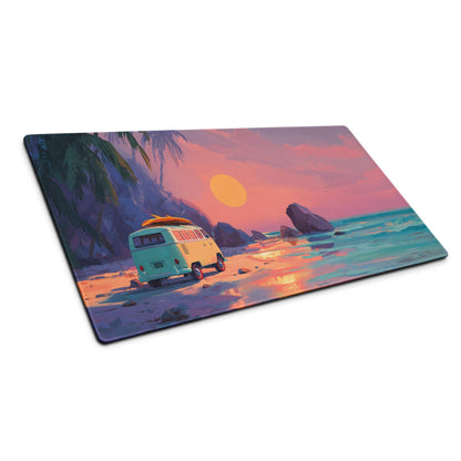 Vibrant retro beach sunset van on glass cutting board