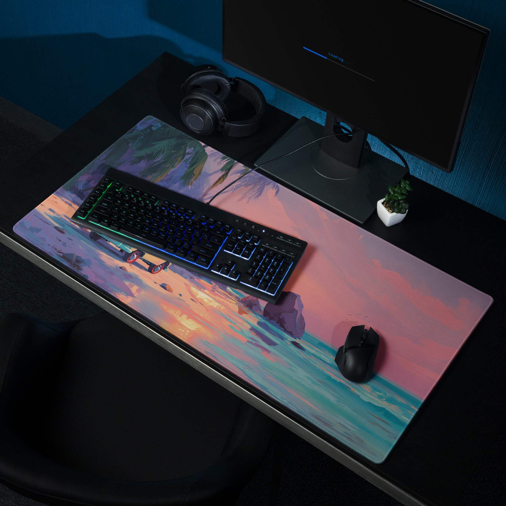 Vibrant retro beach sunset gaming mouse pad with palm trees and ocean waves